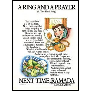 1985 Ramada Inns Hotels Vintage Print Ad Business Travel Cartoon Wall Art